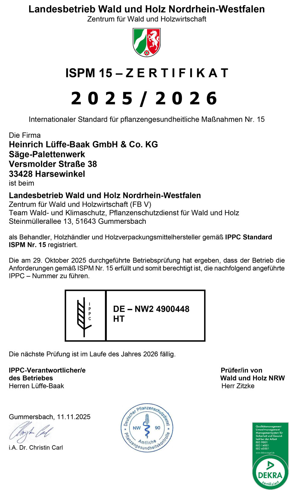 ISPM 15 Zertifikat 2025 / 2026 ISPM 15 Zertifikat 2025 / 2026